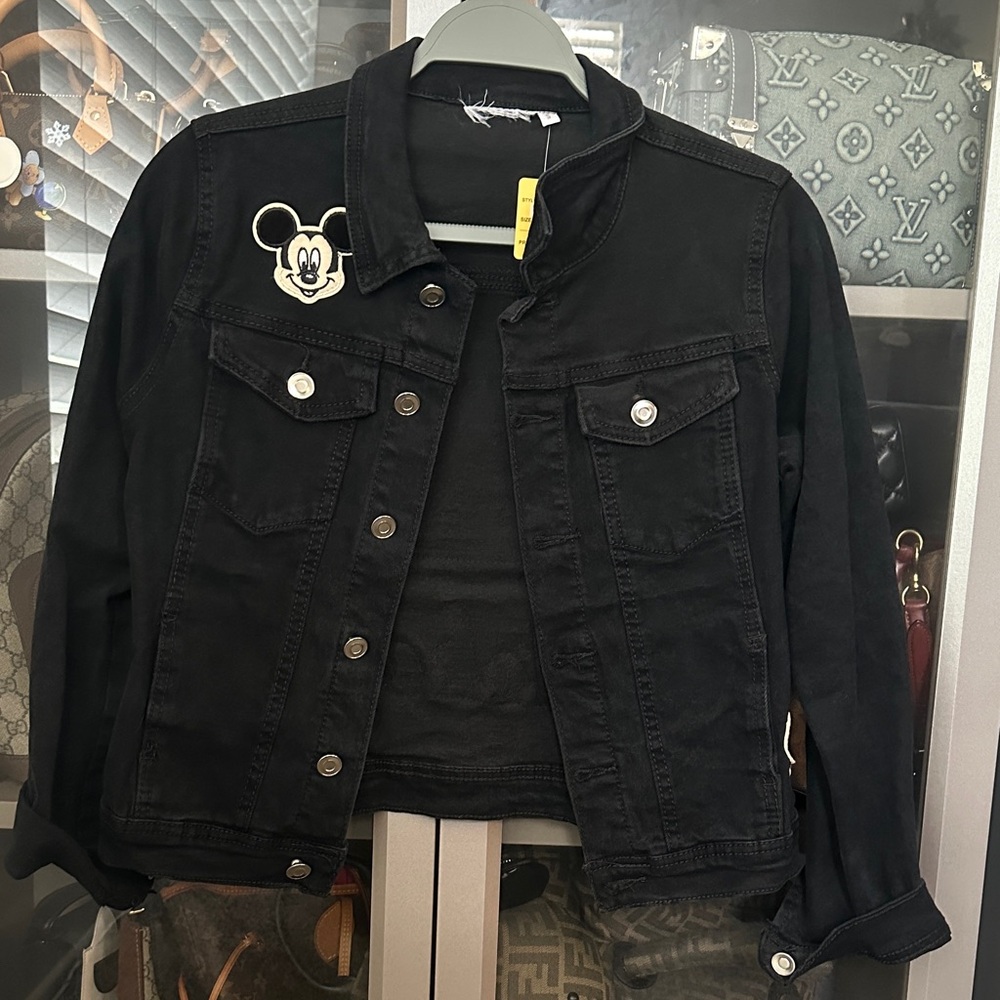 Black Denim Jacket with Mickey Mouse Patch